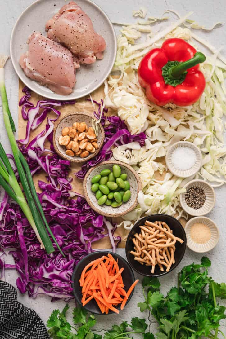 Ingredients laid out on a light surface, including cabbage, chicken, green onions, edamame, spices, red bell pepper, carrots and cilantro.