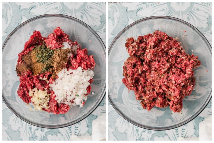 Before and after photos showing a meatball mixture being stirred together in a glass bowl.