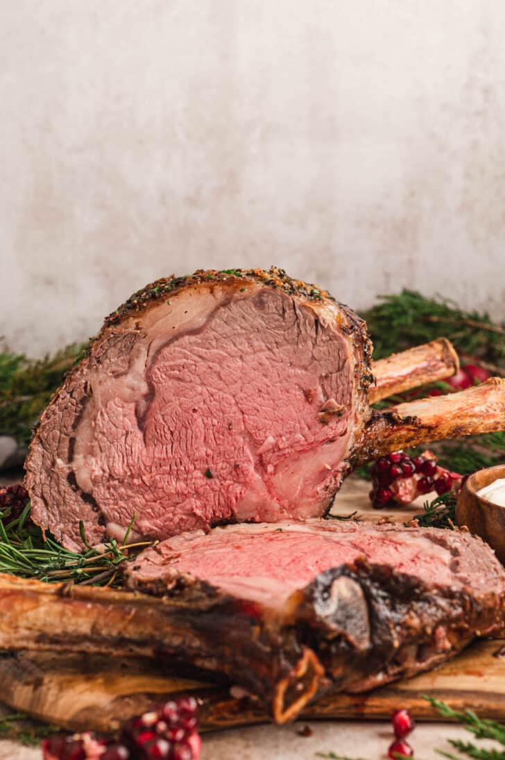 The best prime rib roast recipe ever, cut into slices.