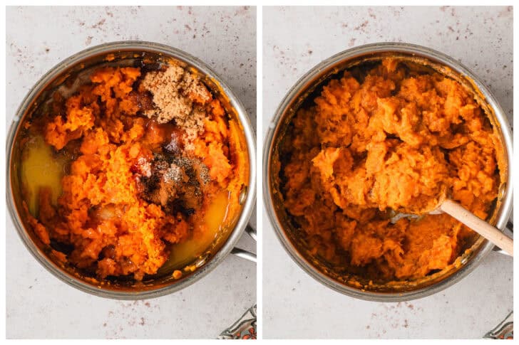 Two images showing spices and butter being stirred into mashed yams.