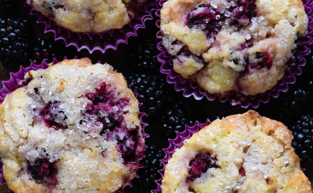 Five blackberry muffins in purple paper liners on a bed of blackberries.