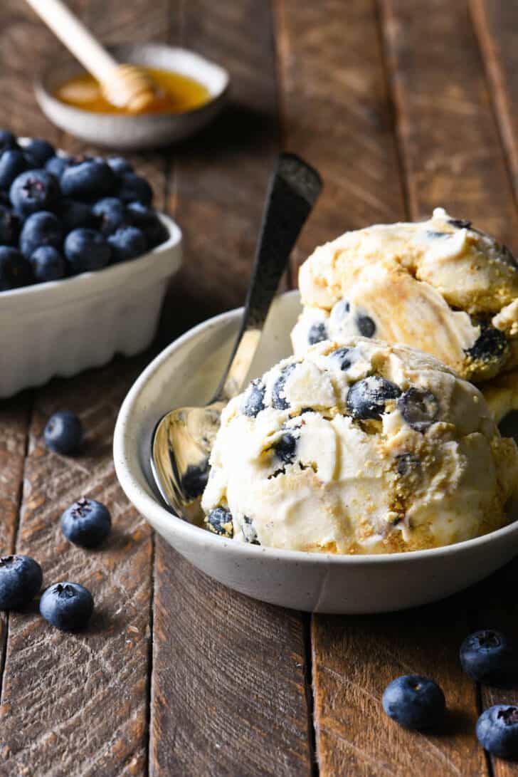 Small oval dish filled with scoops of blueberry cheesecake ice cream, with a bowl of blueberries and a dish of honey in the background.