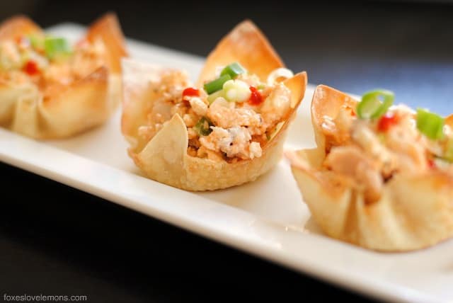 Buffalo Chicken Salad Wonton Cup Appetizers - so simple, so fast, yet such an impressive party bite! | foxeslovelemons.com