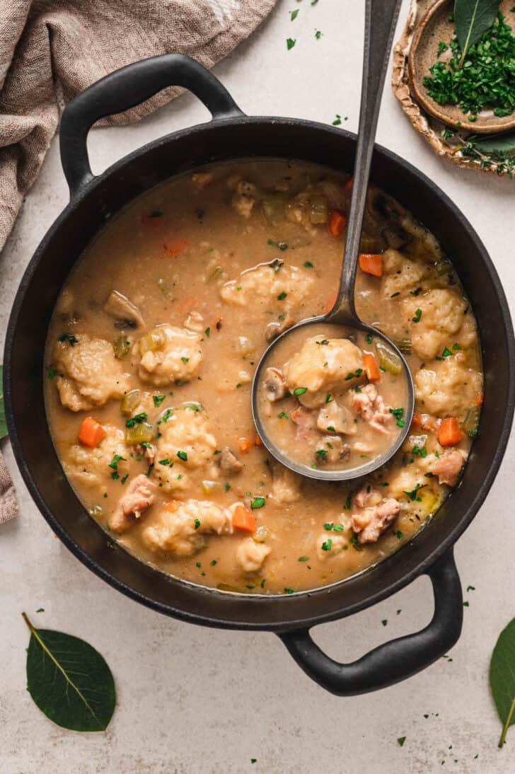 A black cast iron pot filled with chicken and dumplings, with a ladle lifting some out.