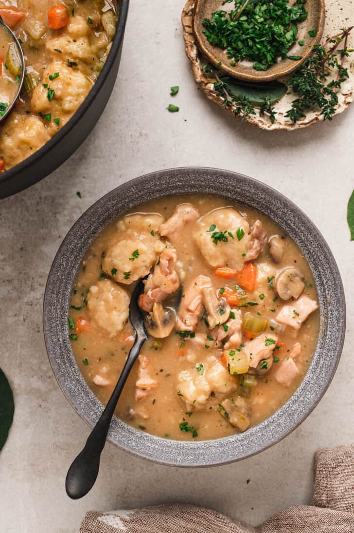 A gray bowl filled with homemade chicken and dumplings, with a black spoon lifting some out.