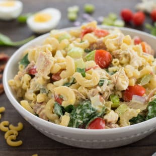 Chicken Cobb Macaroni Salad - Perfect for summer barbecues or graduation parties! Macaroni salad loaded with chicken, bacon, hard-boiled eggs, blue cheese, spinach, tomatoes & celery! | foxeslovelemons.com