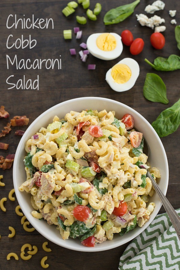 Chicken Cobb Macaroni Salad - Perfect for summer barbecues or graduation parties! Macaroni salad loaded with chicken, bacon, hard-boiled eggs, blue cheese, spinach, tomatoes & celery! | foxeslovelemons.com