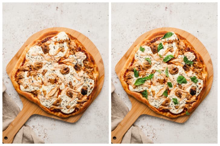 Two images showing a savory pie being finished.