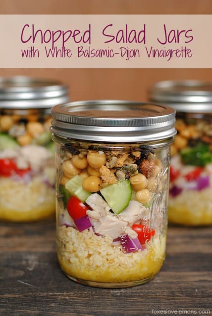 Chopped Salad Jars with White Balsamic-Dijon Vinaigrette - make 4 healthy and delicious lunches at once, and keep them in the fridge all week! | foxeslovelemons.com