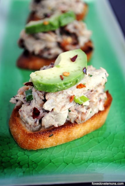 Crabby Snacks - Crunchy crostini topped with cold crab salad and creamy avocado. Inspired by "Silver Linings Playbook." | foxeslovelemons.com