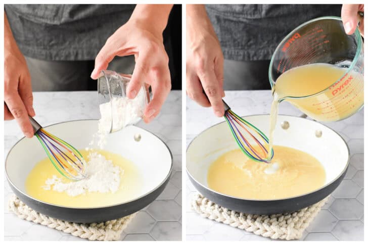 Two photos showing a man's hands adding a small ramekin of flour to melted butter in a white skillet, then adding broth, while whisking with a multicolored whisk.
