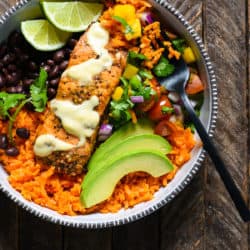 Fish Taco Bowls with Sweet Potato Rice - A colorful, healthful weeknight meal with fresh, bold flavors! | foxeslovelemons.com