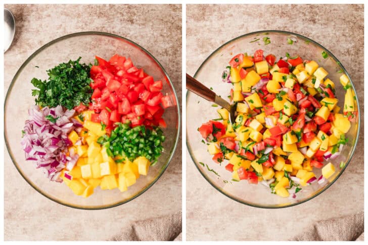 Before and after photos showing fruit salsa being stirred together in a glass bowl.