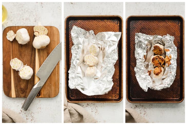 A series of three photos showing how to roast whole heads of garlic.