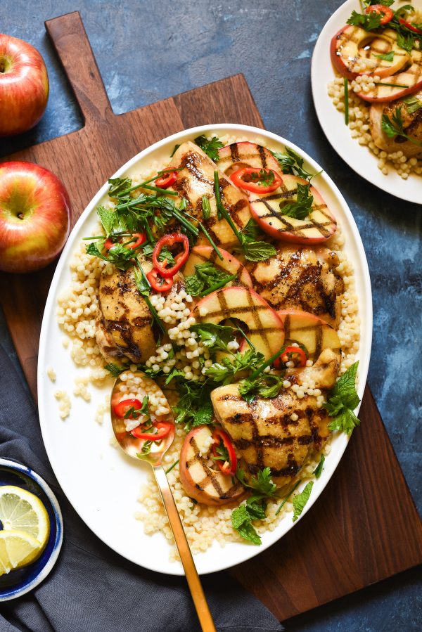 Grilled Chicken & Apples with Couscous - A beautiful, healthful grilled meal for summer or fall! | foxeslovelemons.com