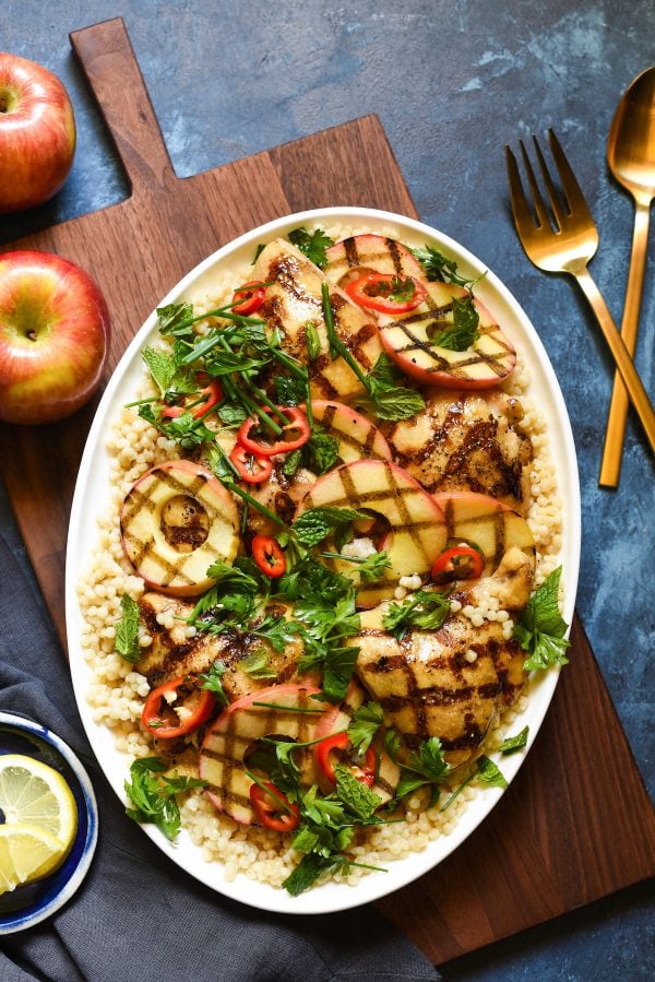 Grilled Chicken & Apples with Couscous - A beautiful, healthful grilled meal for summer or fall! | foxeslovelemons.com