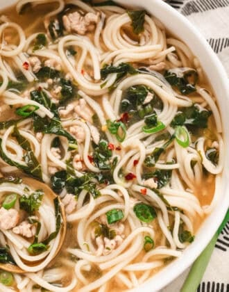 A shallow white bowl filled with pork soup with noodles.