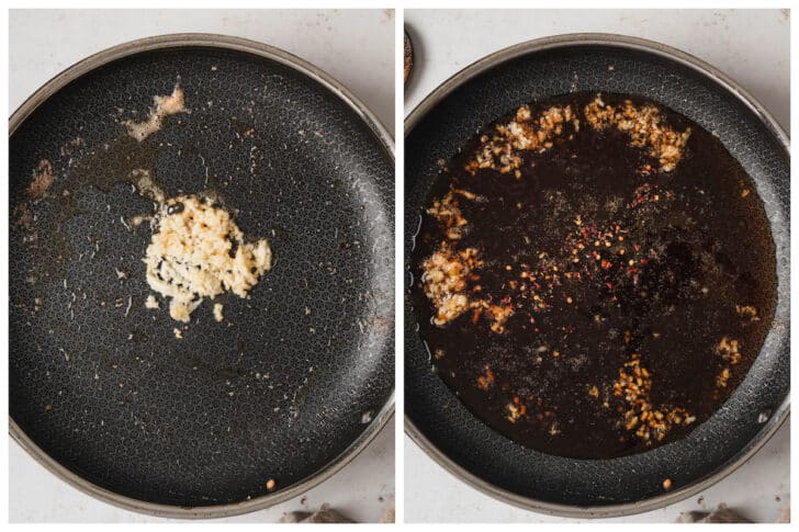 Before and after photos showing minced garlic being cooked and sauce ingredients added to a skillet.