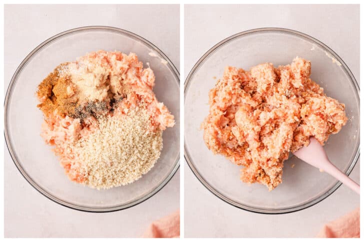 Before and after images showing a fish and breadcrumb mixture being folded together in a glass bowl.