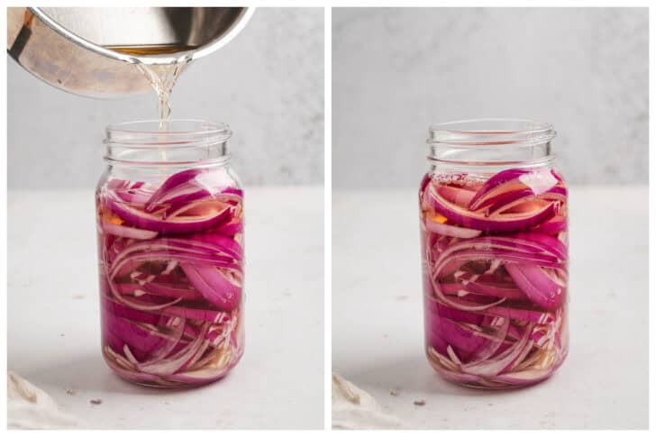 A before and after photo showing a liquid being poured into a jar over sliced onions.