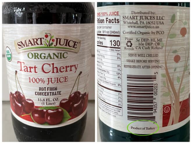 Collage of images of imported cherry juice.