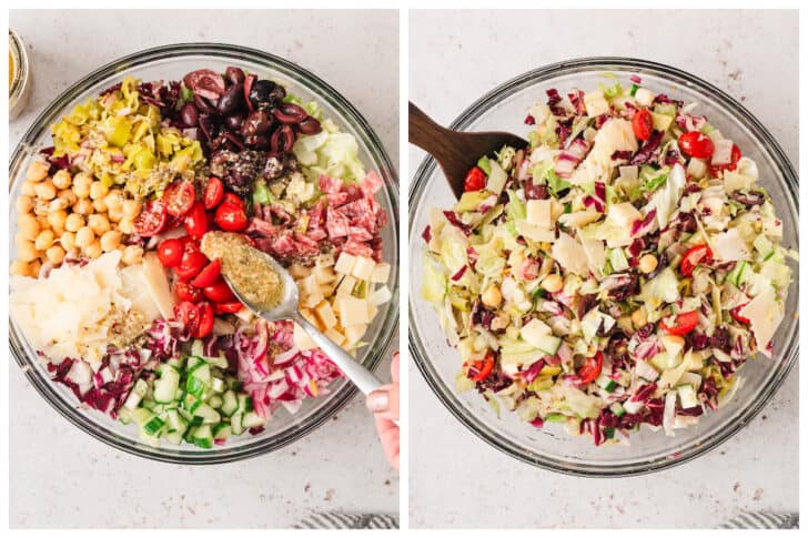 Two images showing chopped radicchio, lettuce, Provolone, salami, tomatoes, chickpeas, cucumber, onion, Parmesan, pepperoncini and olives being tossed with dressing in a glass bowl.