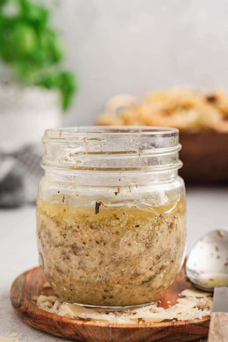 An Italian salad dressing recipe in a glass jar.