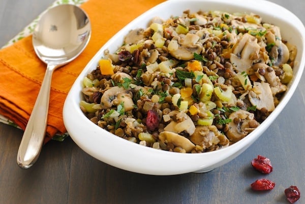 Lentil & Mushroom Dressing - A gluten-free stuffing/dressing that all your guests will enjoy! Includes two types of lentils, dried fruit and herbs. | foxeslovelemons.com