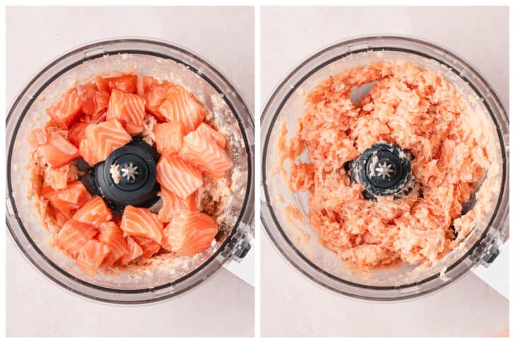 Before and after images showing pink fish and a fish paste being chopped in a food processor.