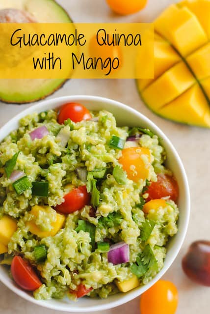 Guacamole Quinoa with Mango - all of the ingredients of guacamole, combined with quinoa and a little mango, for a tasty, healthy side dish! Serve warm or cold. | foxeslovelemons.com