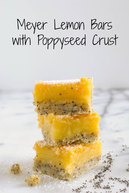 Meyer Lemon Bars with Poppyseed Crust - A flaky poppyseed crust topped with tart and sweet Meyer lemon filling. | foxeslovelemons.com