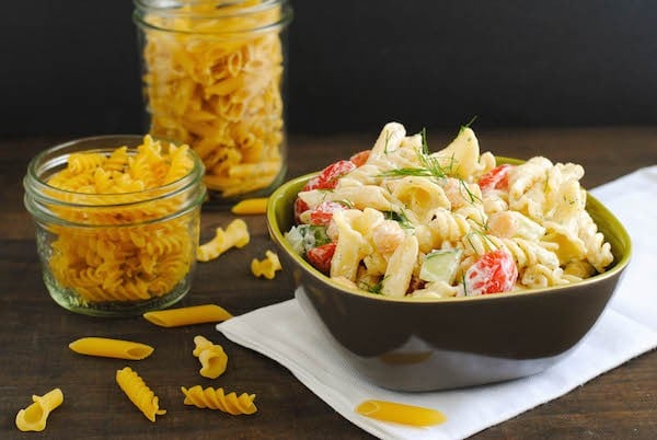 Mixed Shape Pasta Salad - Have a pantry cupboard full of odds and ends of different types of pasta? Use up a few varieties with this fun twist on pasta salad! | foxeslovelemons.com