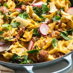 This One Pan Sausage & Tortellini can be on the table in minimal time with minimal dishes. It's a perfect balance of creamy, spicy and sweet, and there's tons of hidden veggies, too!  | foxeslovelemons.com