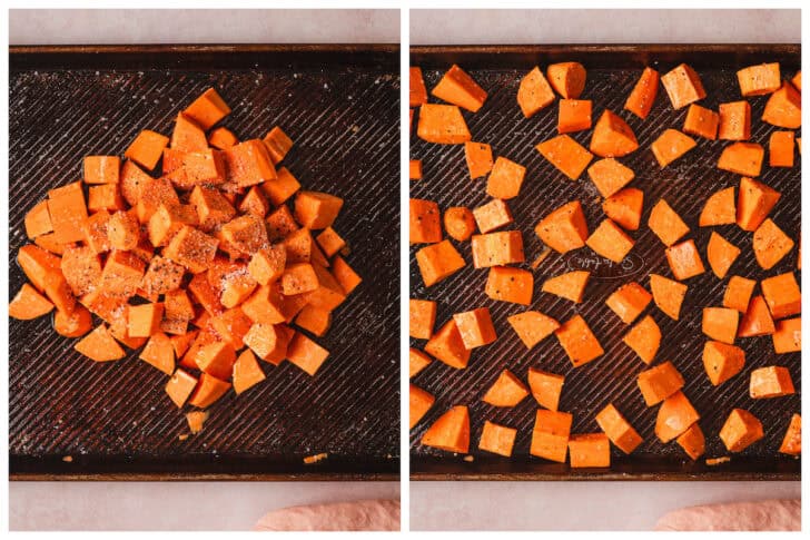 Before and after photos showing cubed orange root vegetables being tossed with seasoning and spread out on a baking pan.