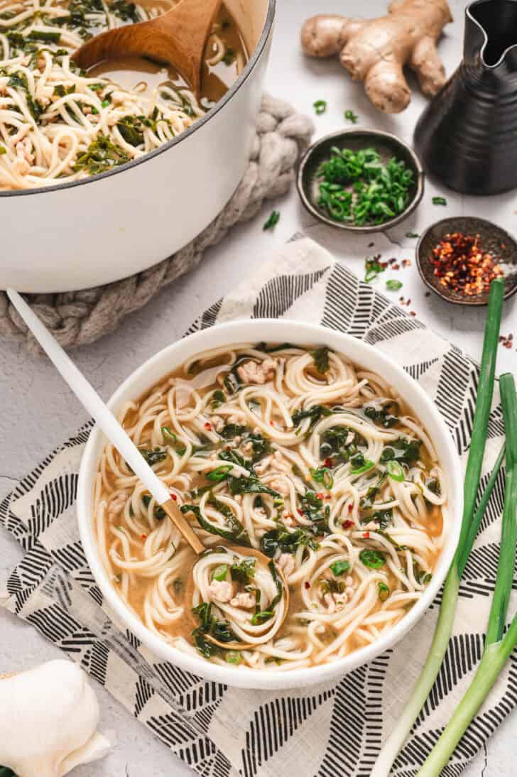 A shallow white bowl filled with a pork soup recipe with noodles, with a spoon in it.