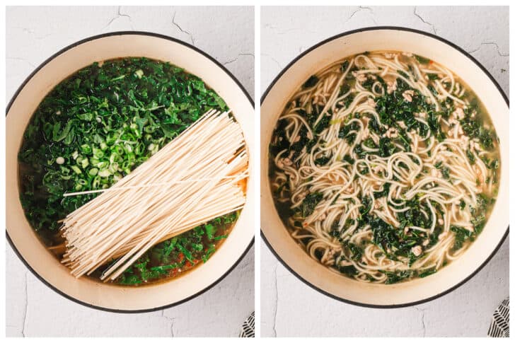 Before and after photos showing udon and greens being added and cooked in a white Dutch oven with broth and ground meat.