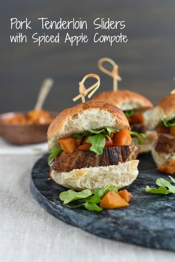 Pork Tenderloin Sliders with Spiced Apple Compote - Seared pork tenderloin topped with spiced cooked apples and peppery arugula. Serve as a party bite or a light dinner! | foxeslovelemons.com