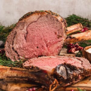 The best prime rib roast recipe ever, cut into slices.