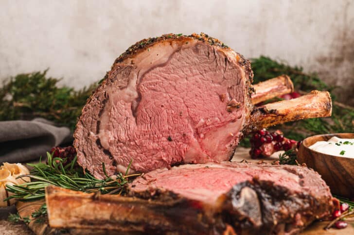 The best prime rib roast recipe ever, cut into slices.