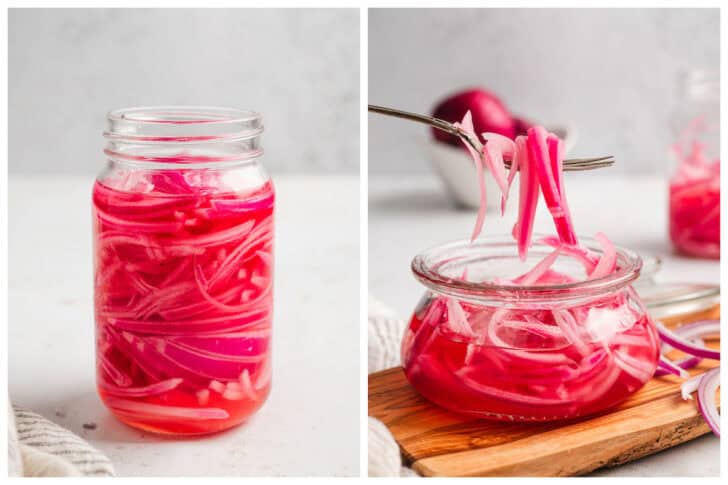 A two part photo showing jars of a quick pickled red onions recipe.