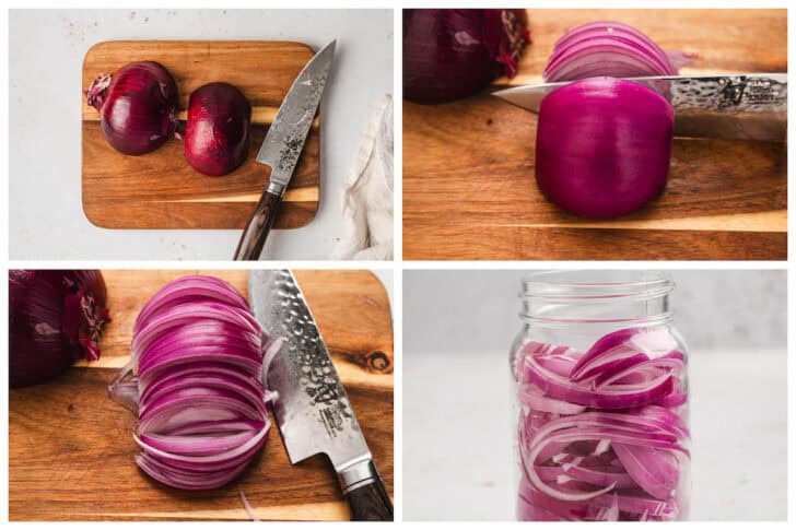 A four-part image showing the process of slicing a purple root vegetable and putting it in a jar.