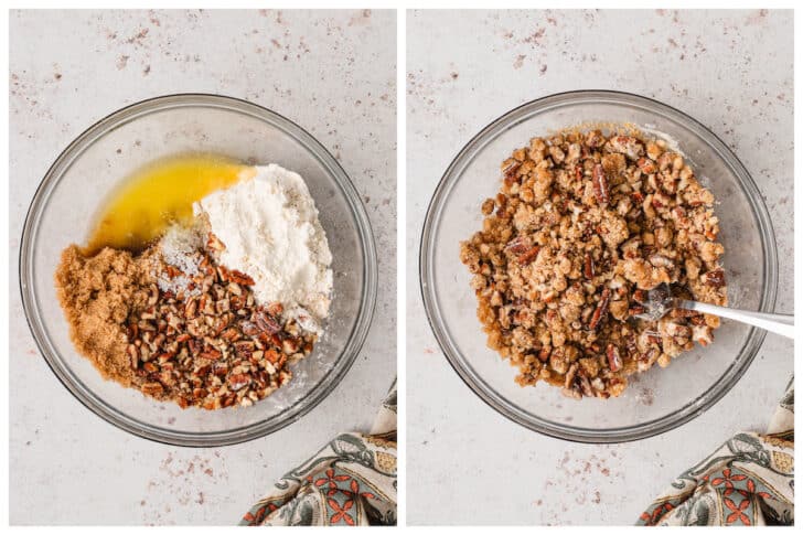 Two images showing a pecan topping mixture being stirred together in a glass bowl.