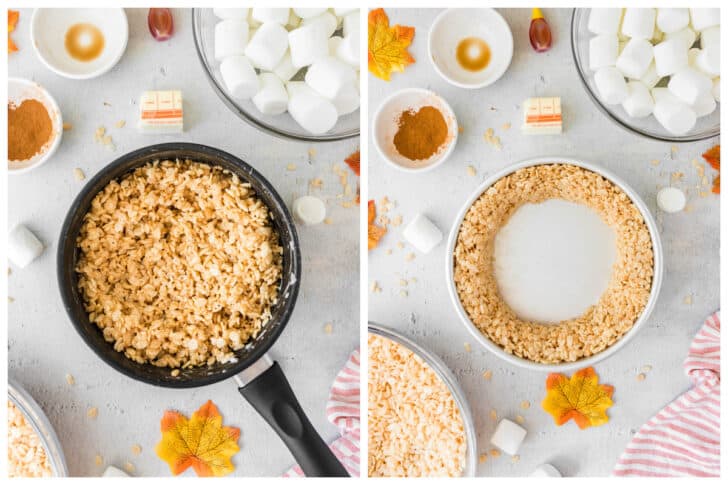 Before and after photos showing cereal treats being pressed into a ring in a cake pan.