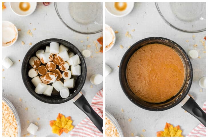 Before and after photos showing marshmallows and spices being melted in a saucepot.