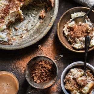 Rice Pudding Tiramisu - Layers of coffee-soaked ladyfingers, coffee rice pudding, and mascarpone whipped cream! | foxeslovelemons.com