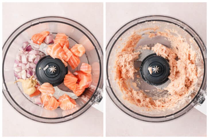 Before and after images showing pink fish, shallot and mustard being pureed in a food processor.