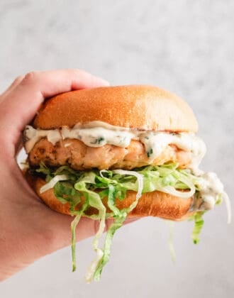 A hand holding a salmon burger in front of a light gray background.