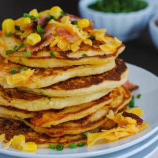 Bacon, Corn & Cheddar Pancakes - A savory treat for breakfast or breakfast-for-dinner! | foxeslovelemons.com