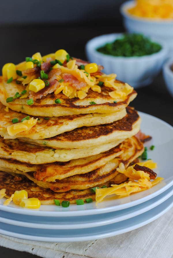 Bacon, Corn & Cheddar Pancakes - A savory treat for breakfast or breakfast-for-dinner! | foxeslovelemons.com