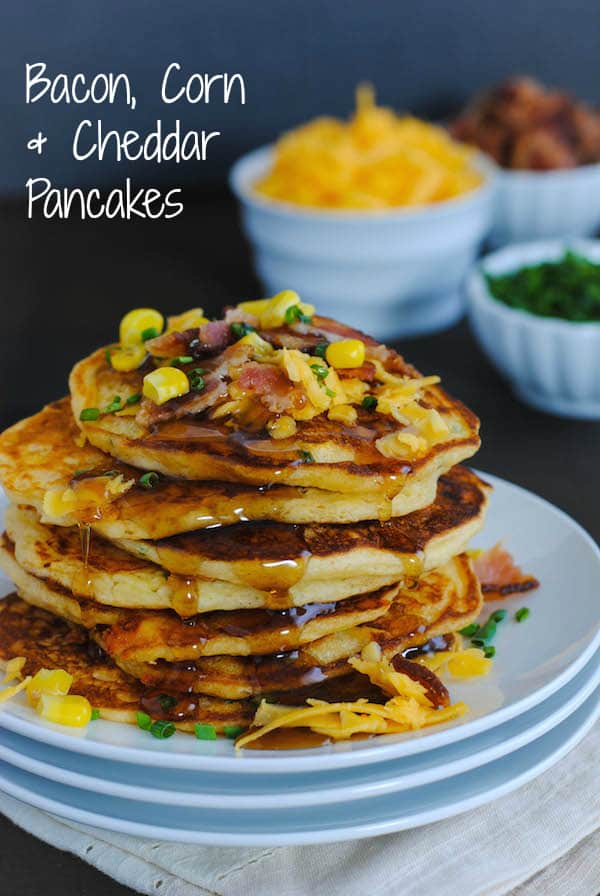 Bacon, Corn & Cheddar Pancakes - A savory treat for breakfast or breakfast-for-dinner! | foxeslovelemons.com